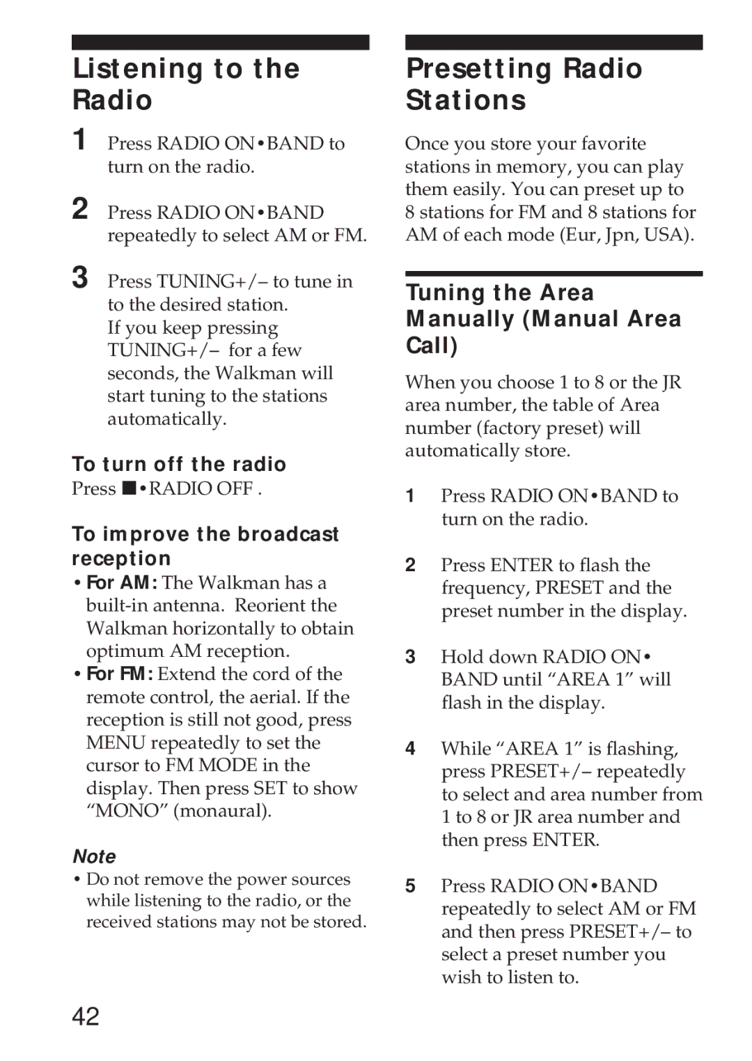 Sony WM-GX655 Listening to the Radio, Presetting Radio Stations, To turn off the radio, To improve the broadcast reception 