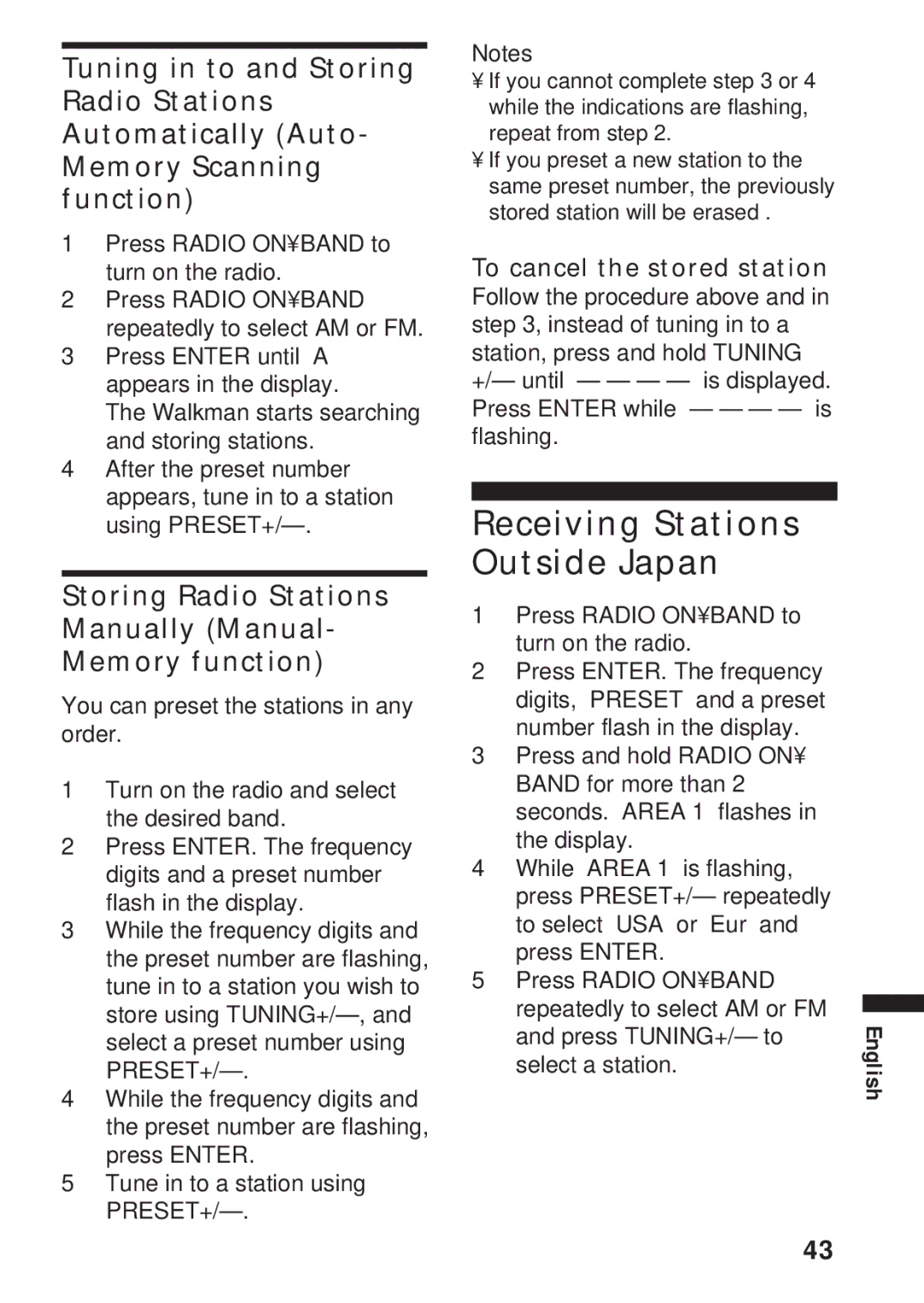 Sony WM-GX655 operating instructions Receiving Stations Outside Japan, To cancel the stored station 