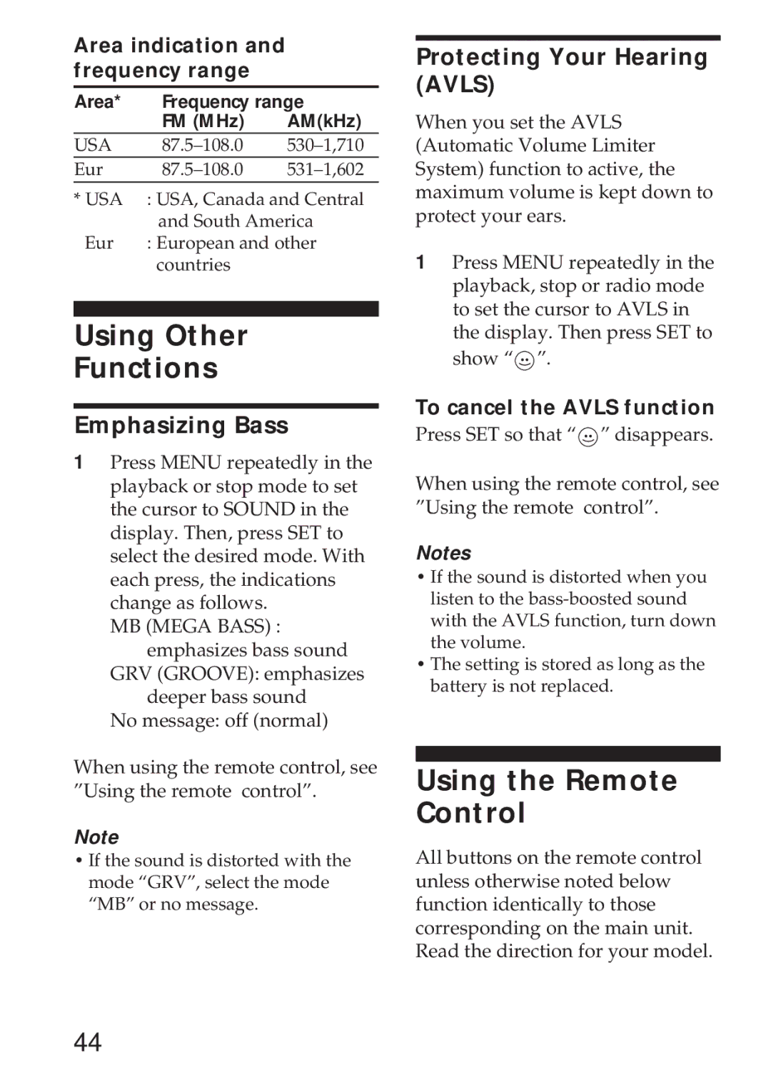 Sony WM-GX655 operating instructions Using Other Functions, Using the Remote Control, Area indication and frequency range 