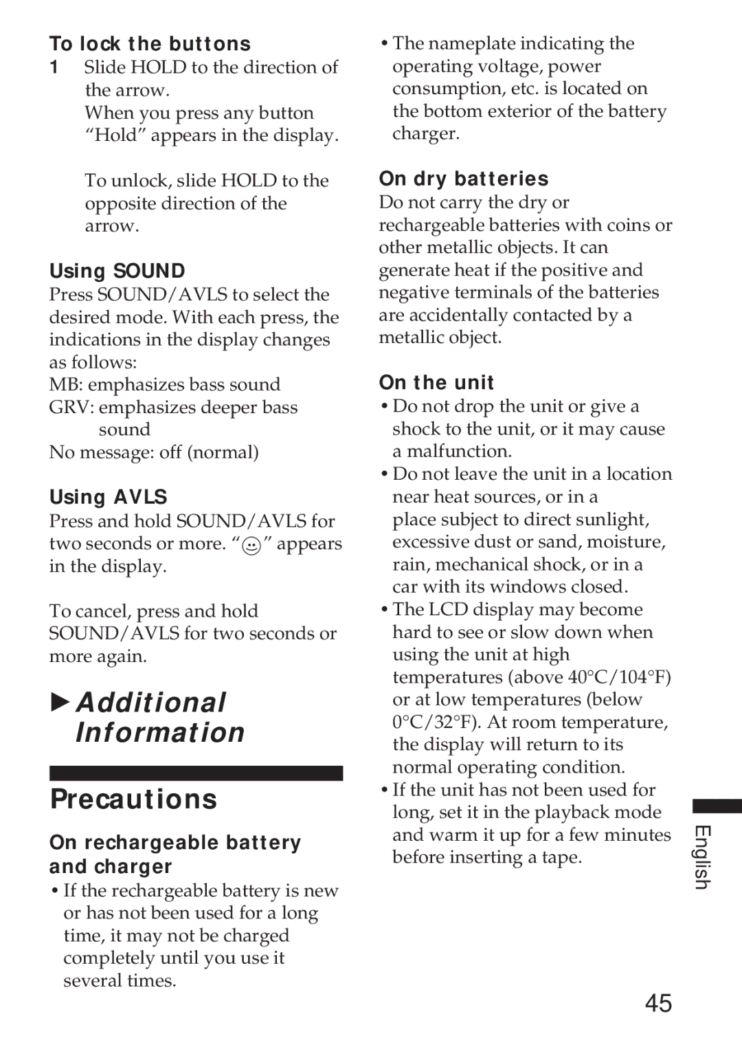 Sony WM-GX655 operating instructions Precautions 