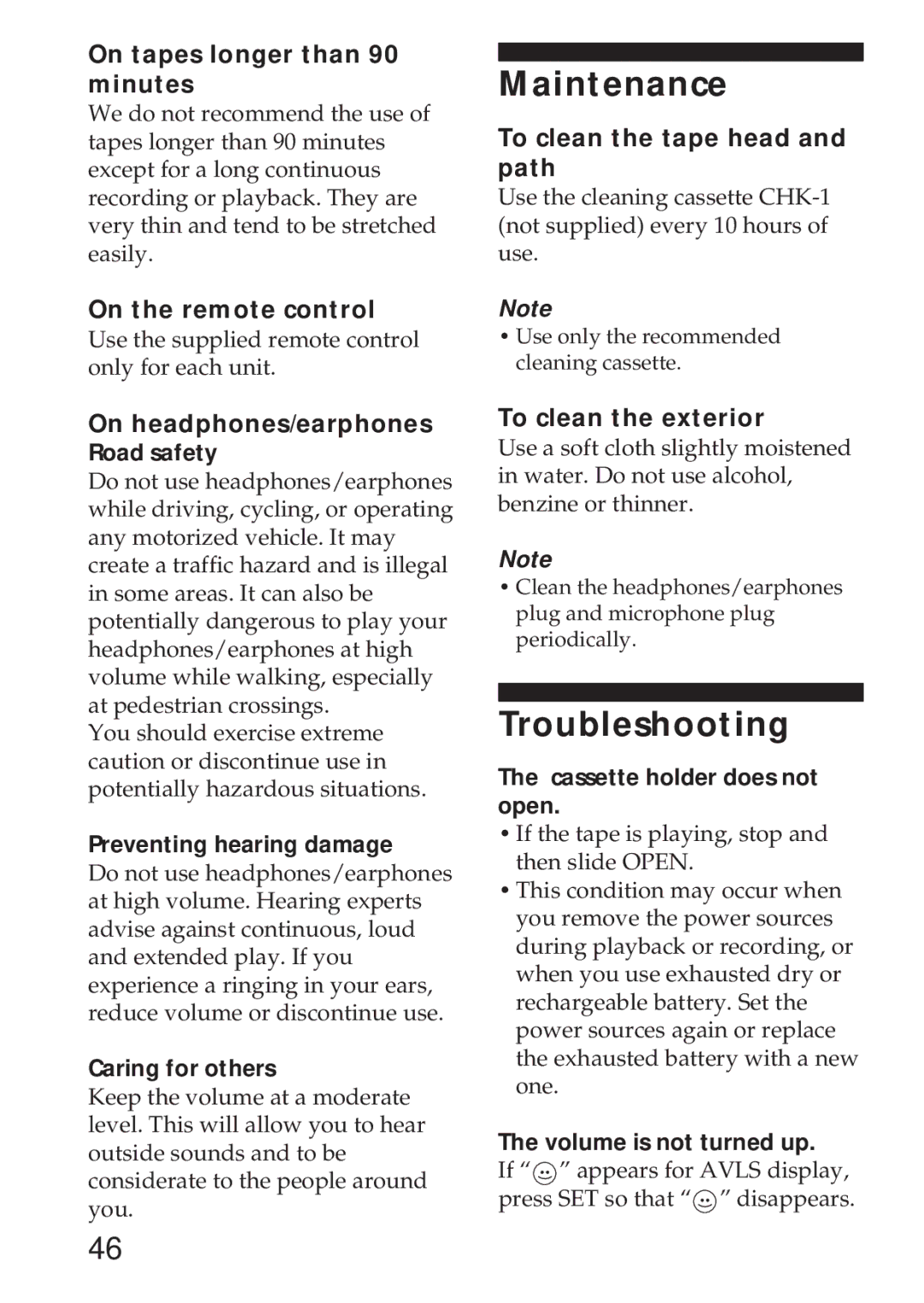 Sony WM-GX655 operating instructions Maintenance, Troubleshooting 