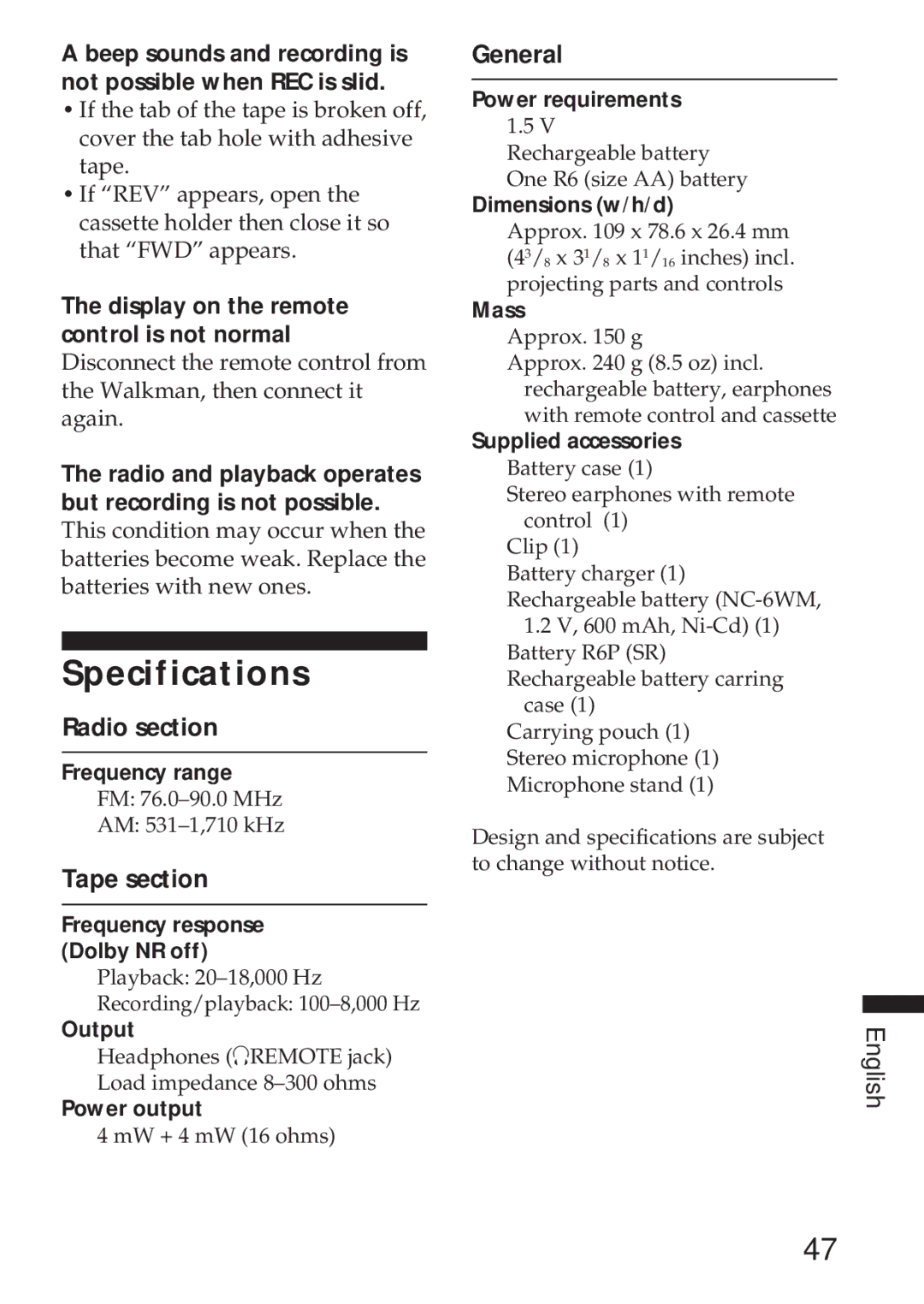 Sony WM-GX655 operating instructions Specifications, Radio section, Tape section, General 