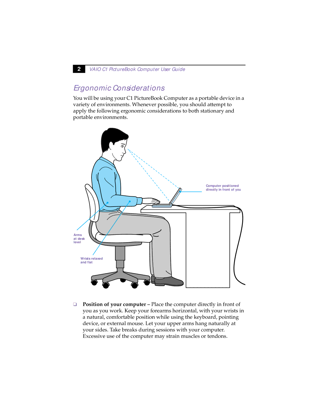 Sony XAV-C1 manual Ergonomic Considerations, Vaio C1 PictureBook Computer User Guide 