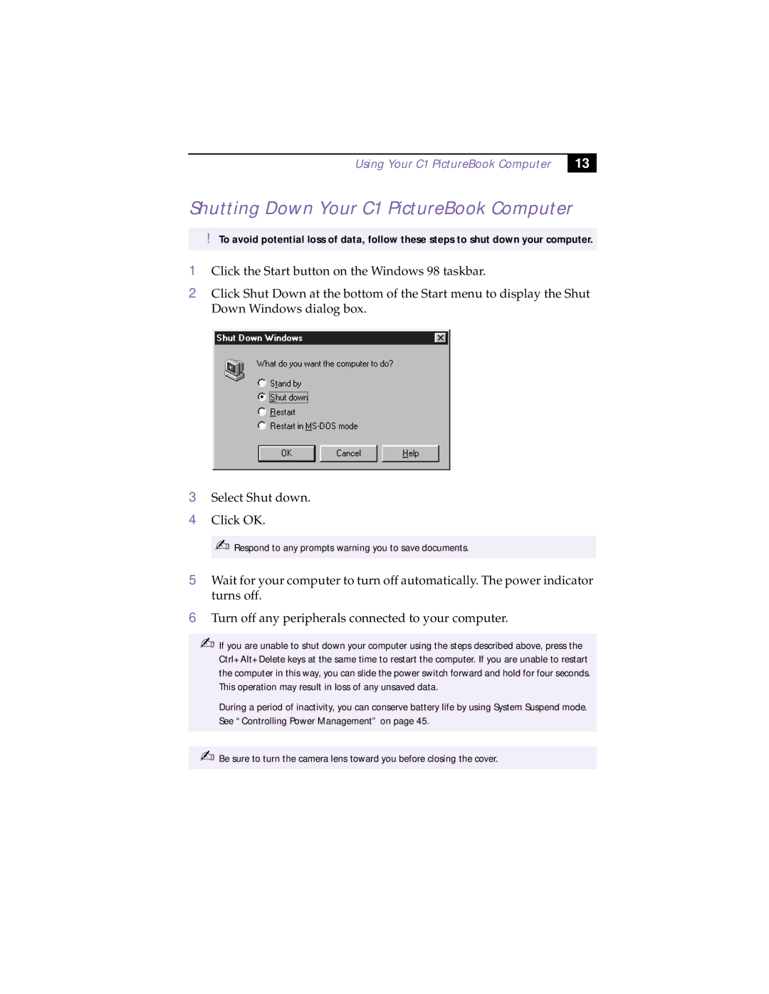 Sony XAV-C1 manual Shutting Down Your C1 PictureBook Computer 