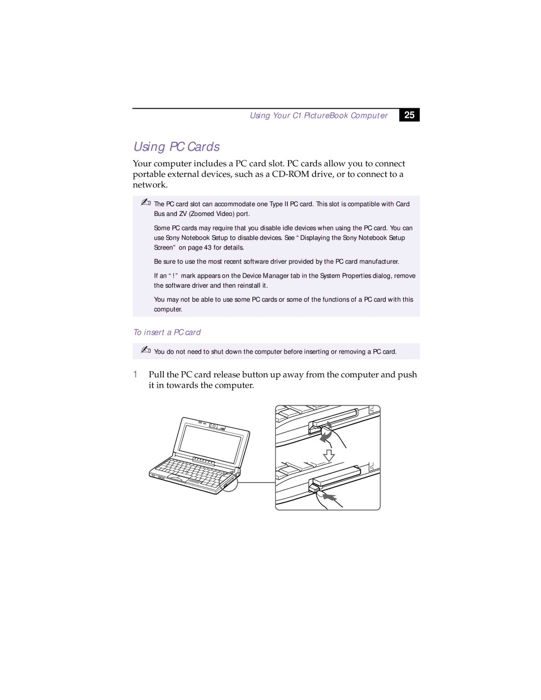 Sony XAV-C1 manual Using PC Cards, To insert a PC card 