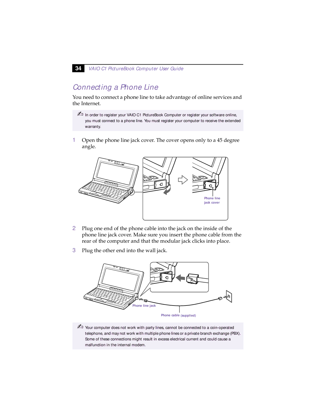 Sony XAV-C1 manual Connecting a Phone Line, Vaio C1 PictureBook Computer User Guide 