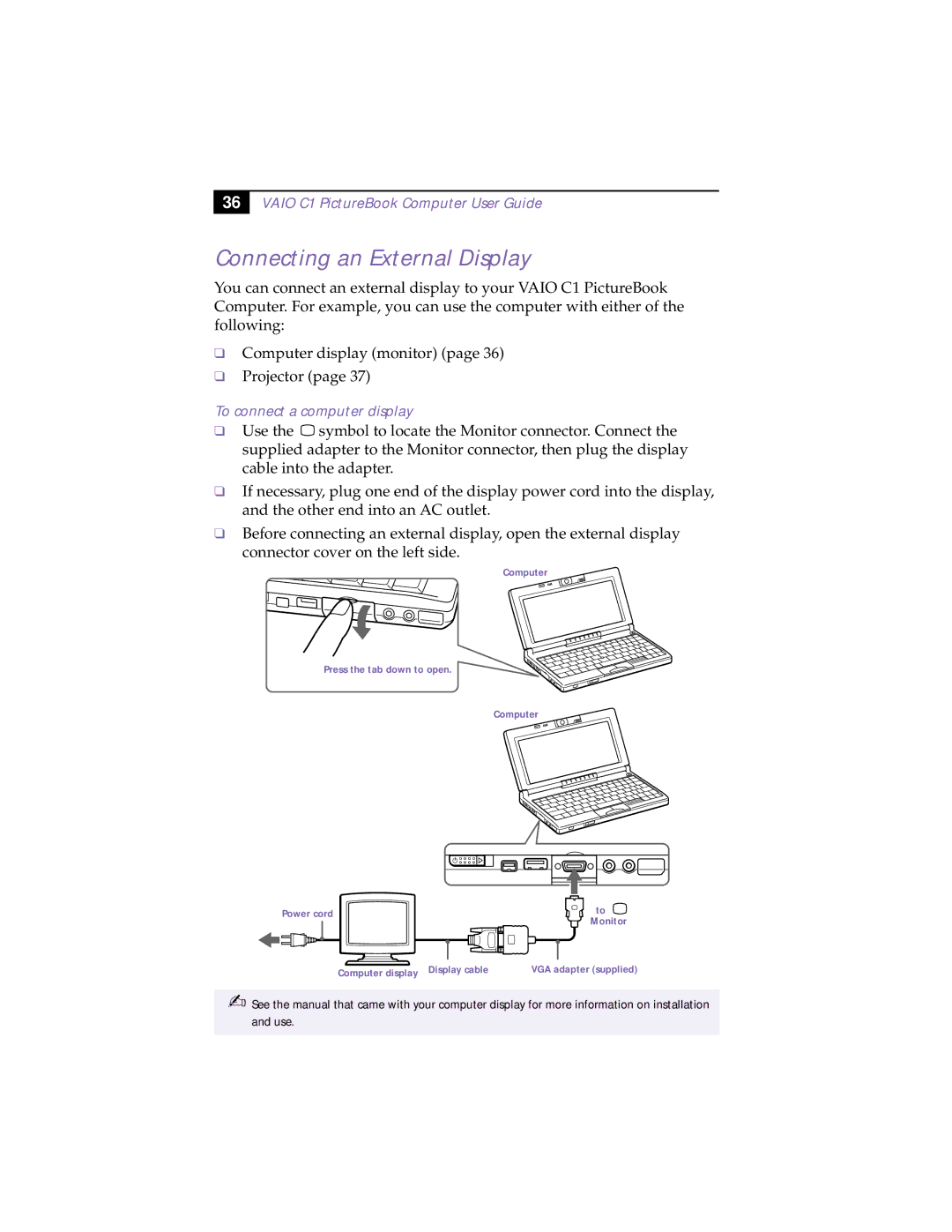 Sony XAV-C1 manual Connecting an External Display, To connect a computer display 