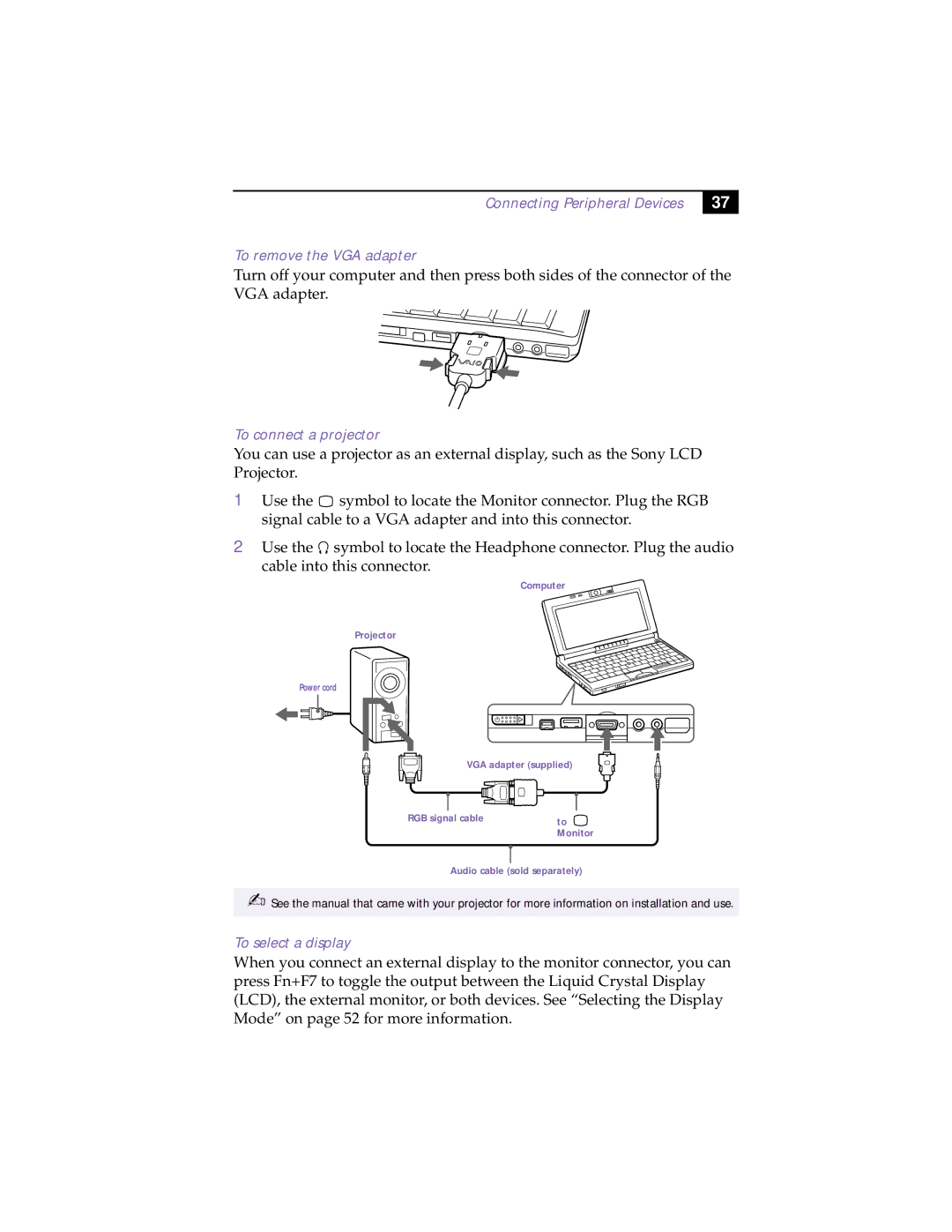 Sony XAV-C1 manual Connecting Peripheral Devices To remove the VGA adapter, To connect a projector, To select a display 