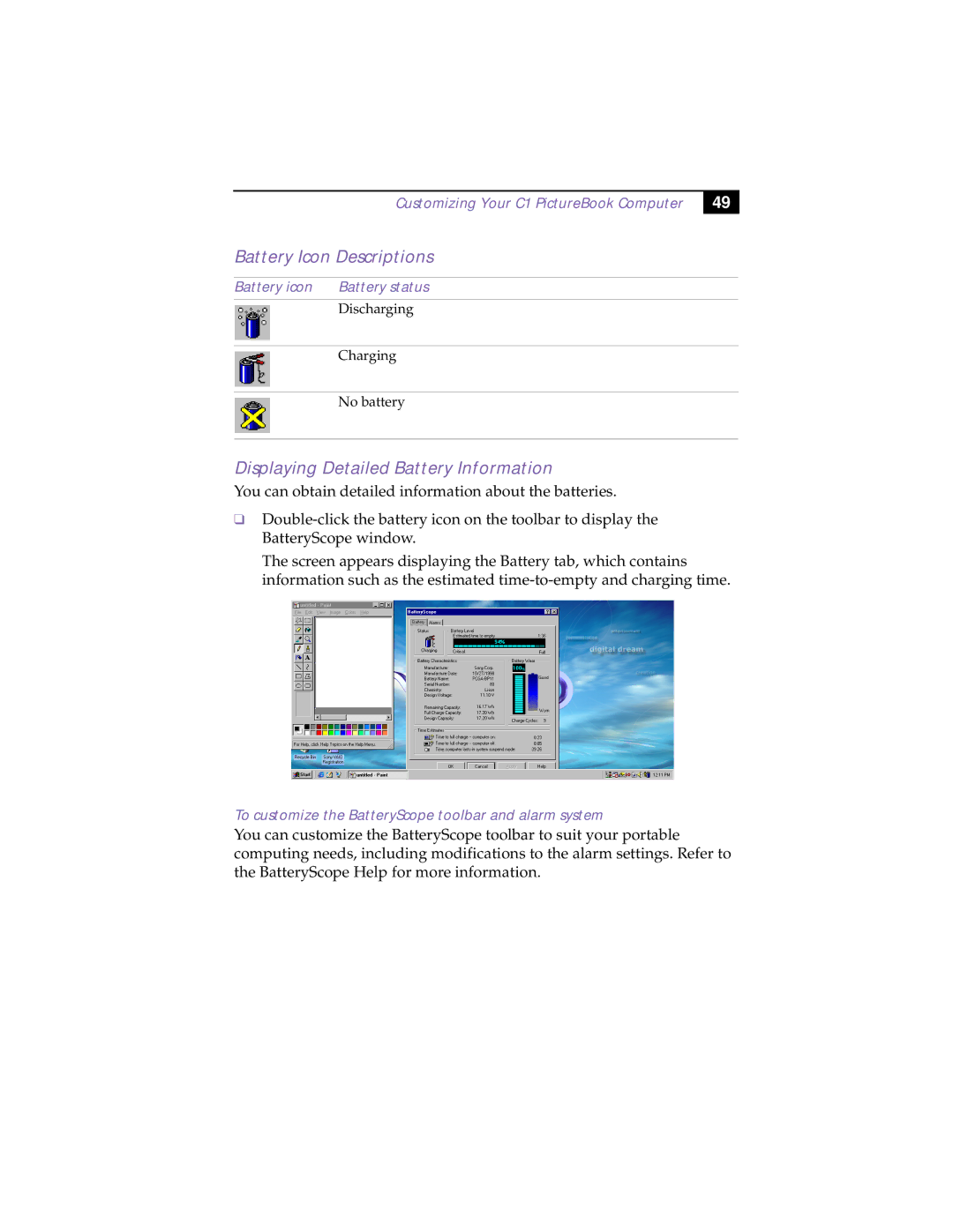 Sony XAV-C1 manual Battery Icon Descriptions, Displaying Detailed Battery Information, Battery icon Battery status 