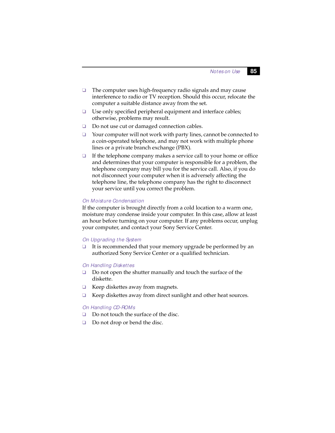 Sony XAV-C1 manual On Moisture Condensation, On Upgrading the System, On Handling Diskettes, On Handling CD-ROMs 