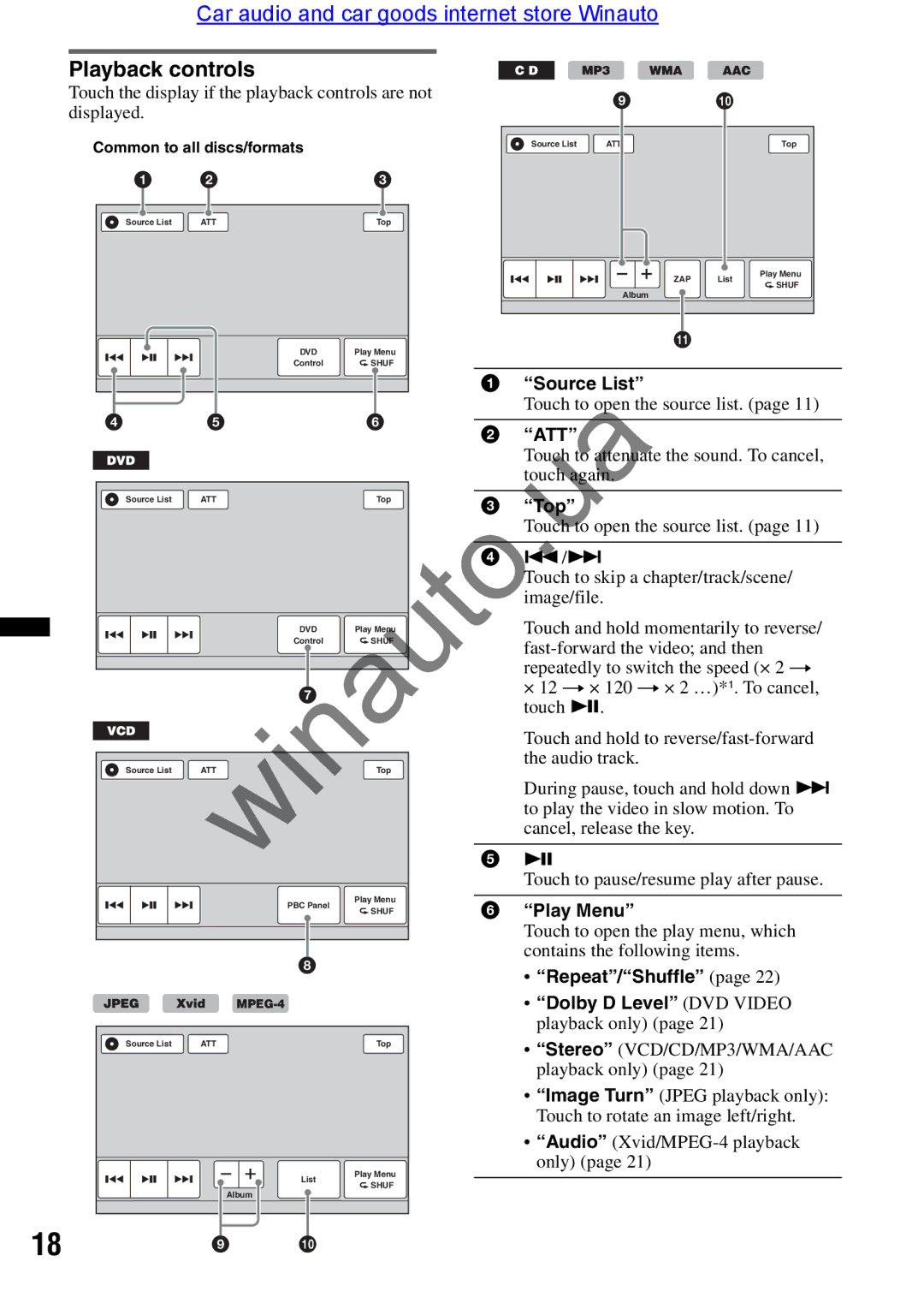 Sony XAV-E722 user manual Playback controls, Att, Touch to ttenu te the sound. To cancel, to ch g, Play Menu 