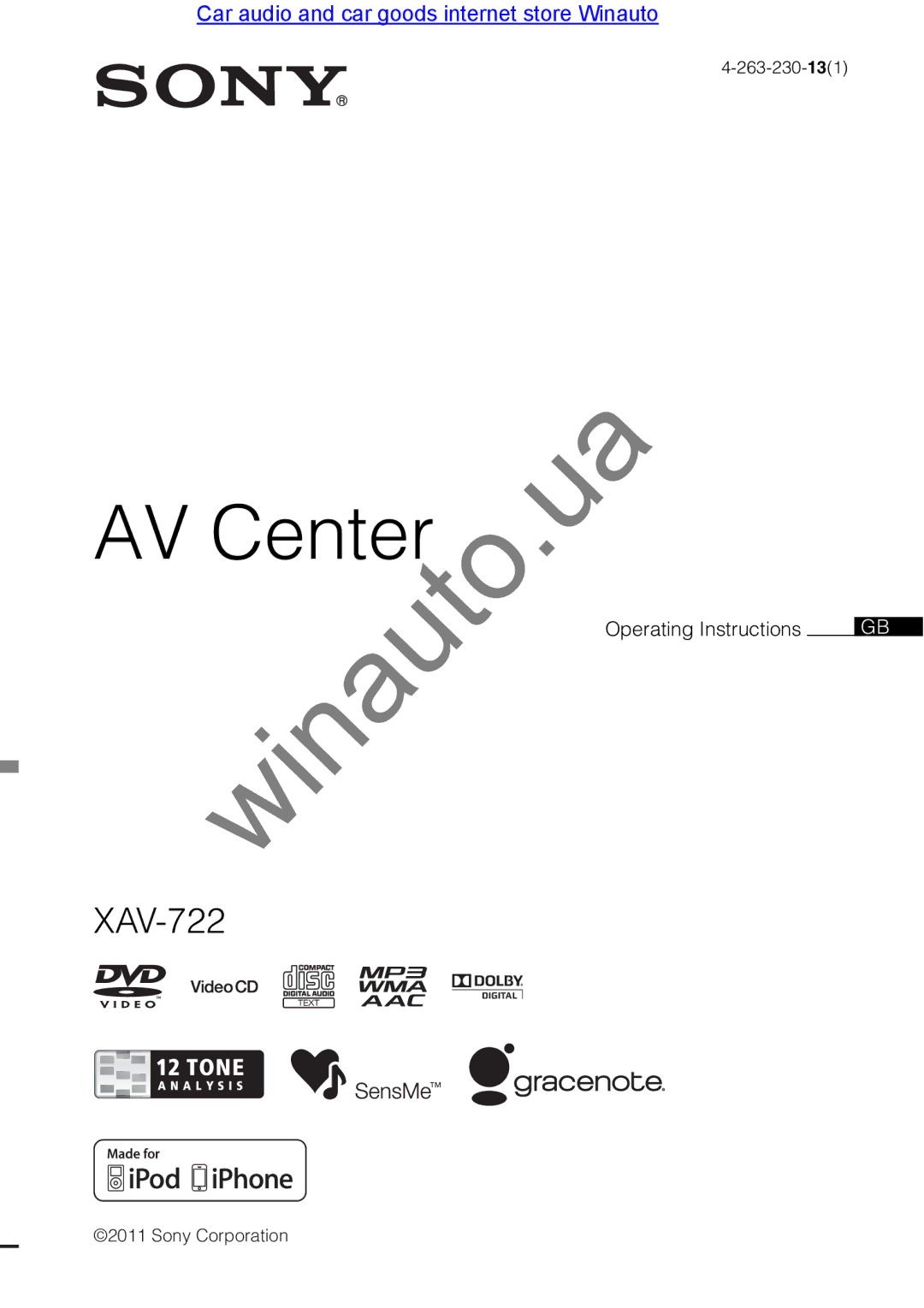 Sony XAV-E722 user manual AV Center 