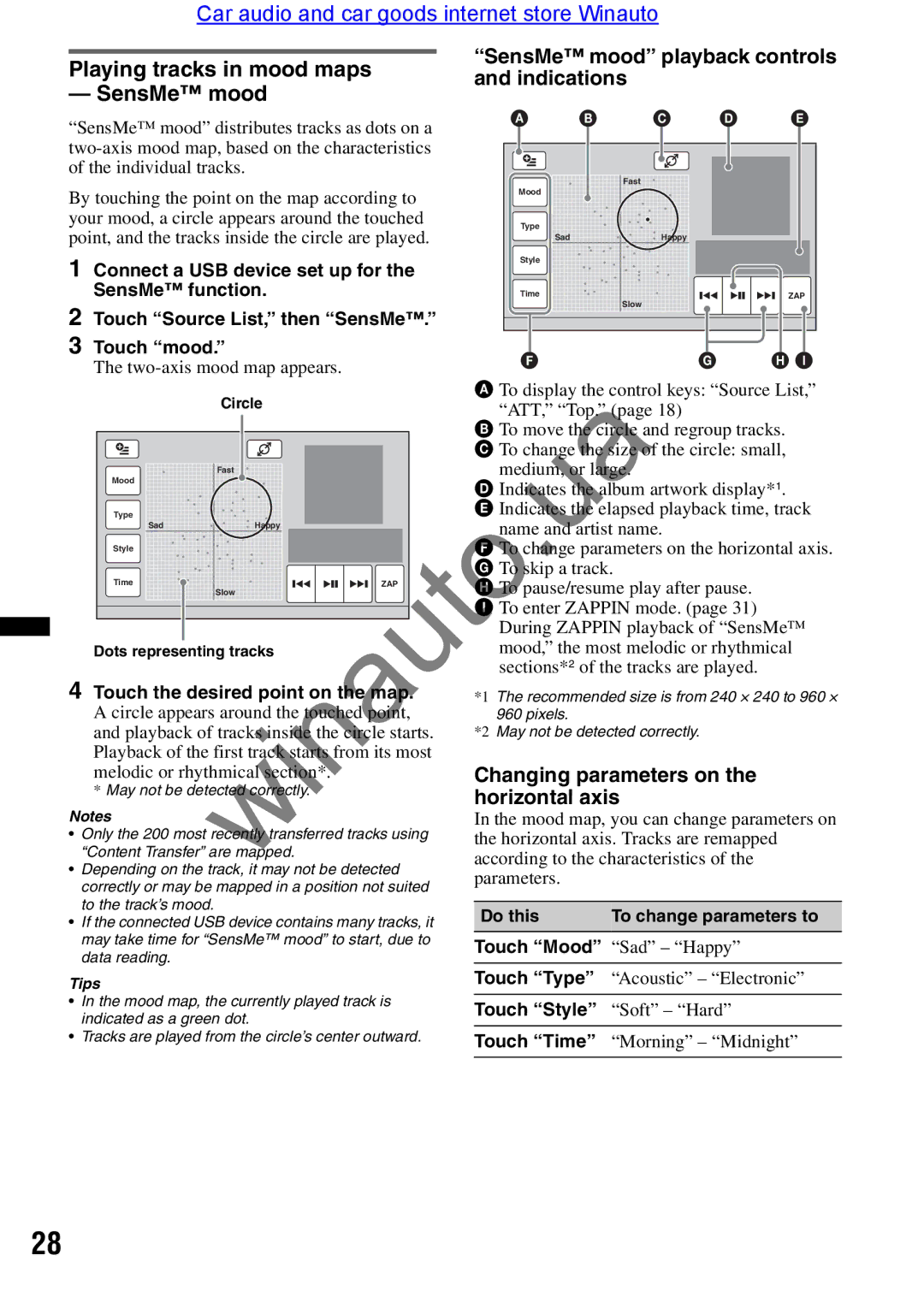 Sony XAV-E722 user manual Changing parameters on, Horizontal axis 