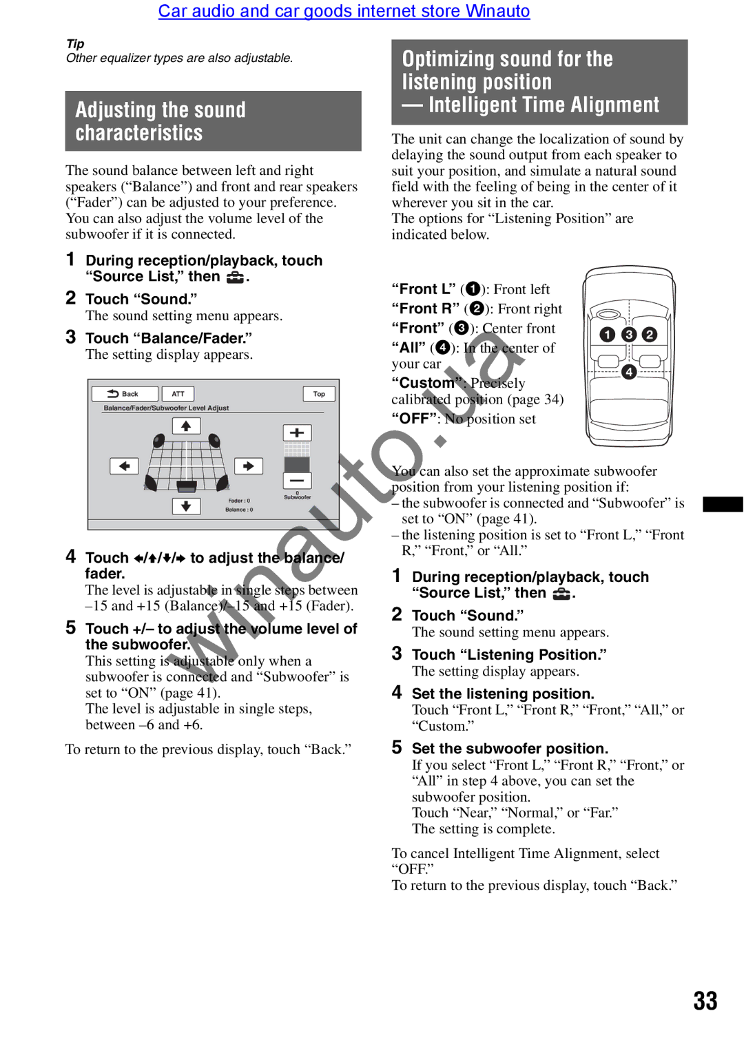 Sony XAV-E722 user manual Optimizing sound for, Listening position 