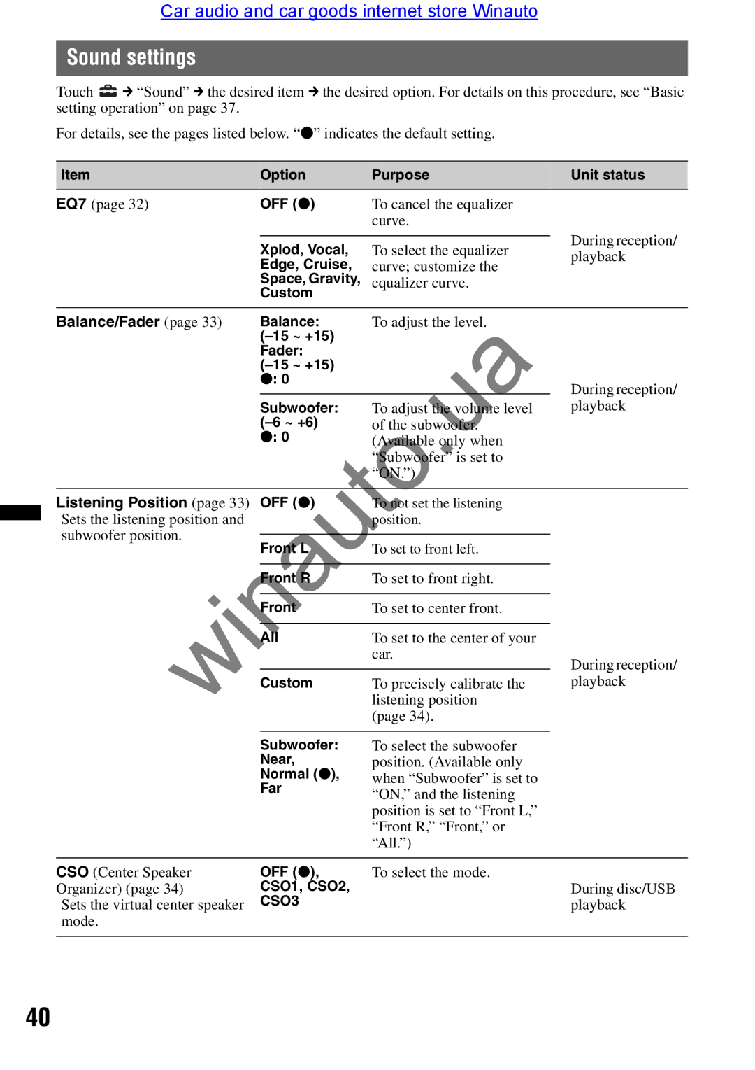 Sony XAV-E722 user manual Sound settings 