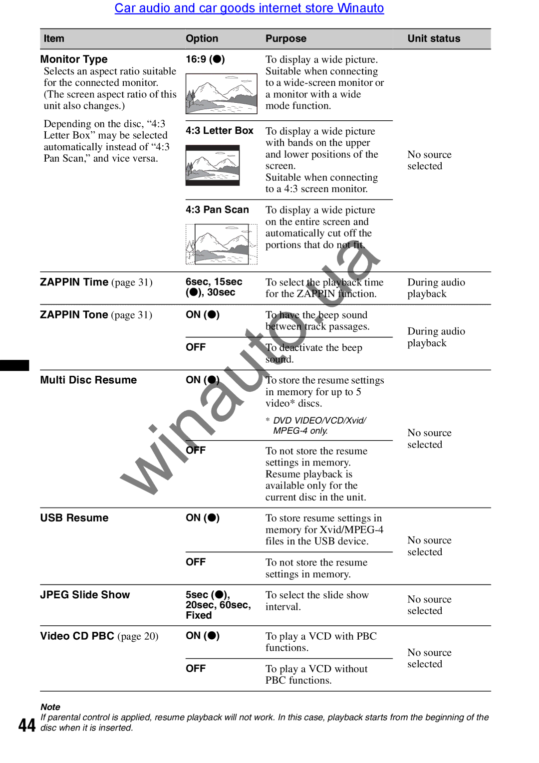 Sony XAV-E722 Option Purpose Unit status Monitor Type 169 Z, Letter Box, Pan Scan, Zappin Time 6sec, 15sec, 30sec 