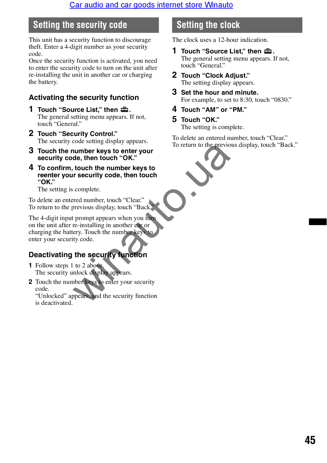 Sony XAV-E722 user manual Setting the security code Setting the clock, Activating the security function 