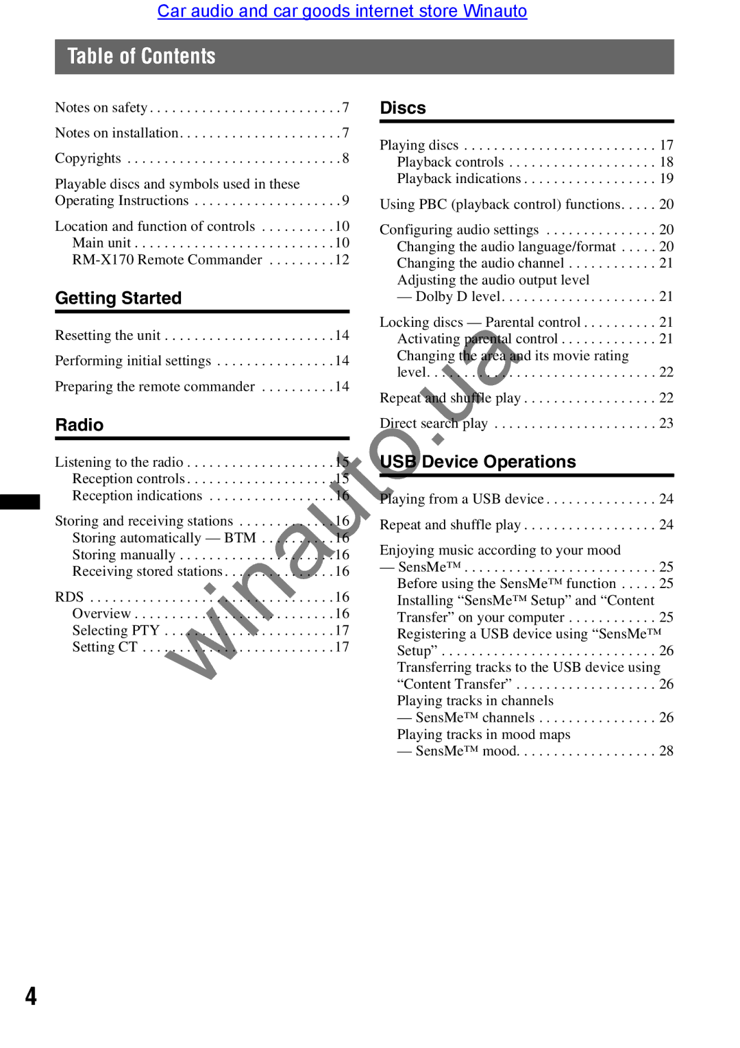 Sony XAV-E722 user manual Table of Contents 