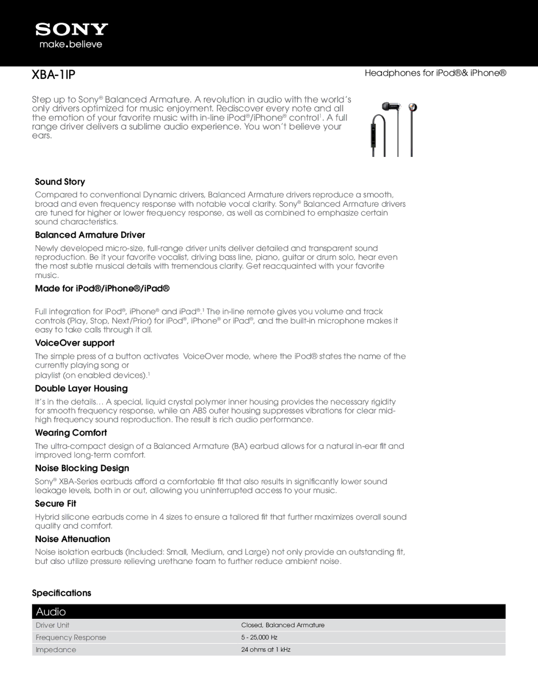 Sony XBA1IP manual Audio 