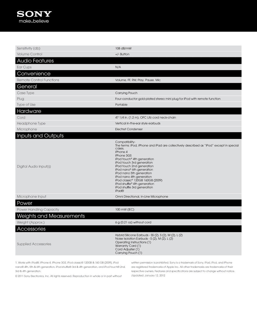 Sony XBA1IP manual Audio Features, Convenience, General, Hardware, Inputs and Outputs, Power, Weights and Measurements 