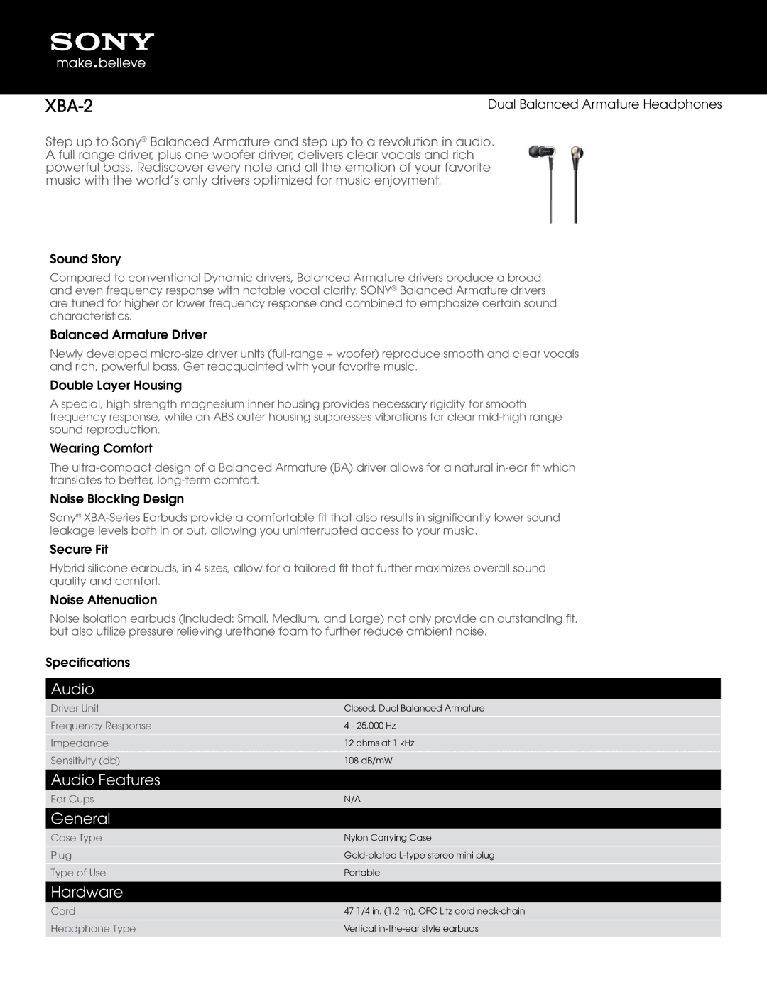 Sony XBA2 manual Audio Features, General, Hardware 