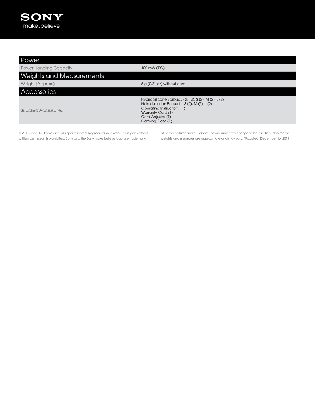 Sony XBA2 manual Power, Weights and Measurements, Accessories 