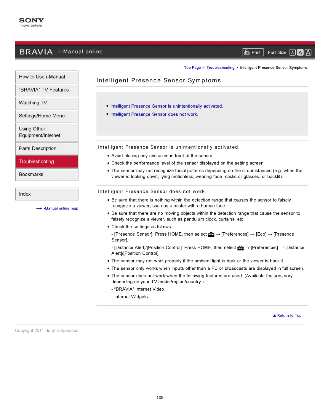 Sony XBR-55HX925 manual Intelligent Presence Sensor Symptoms, Intelligent Presence Sensor is unintentionally activated 