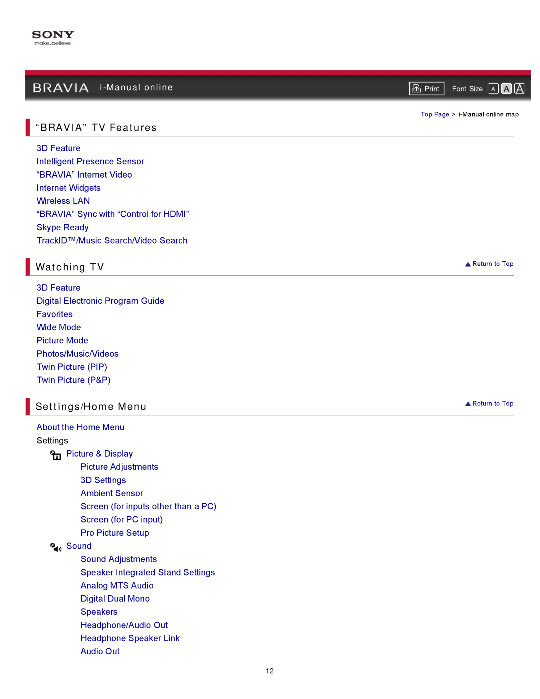 Sony XBR-55HX925 manual Top Page i-Manual online map 