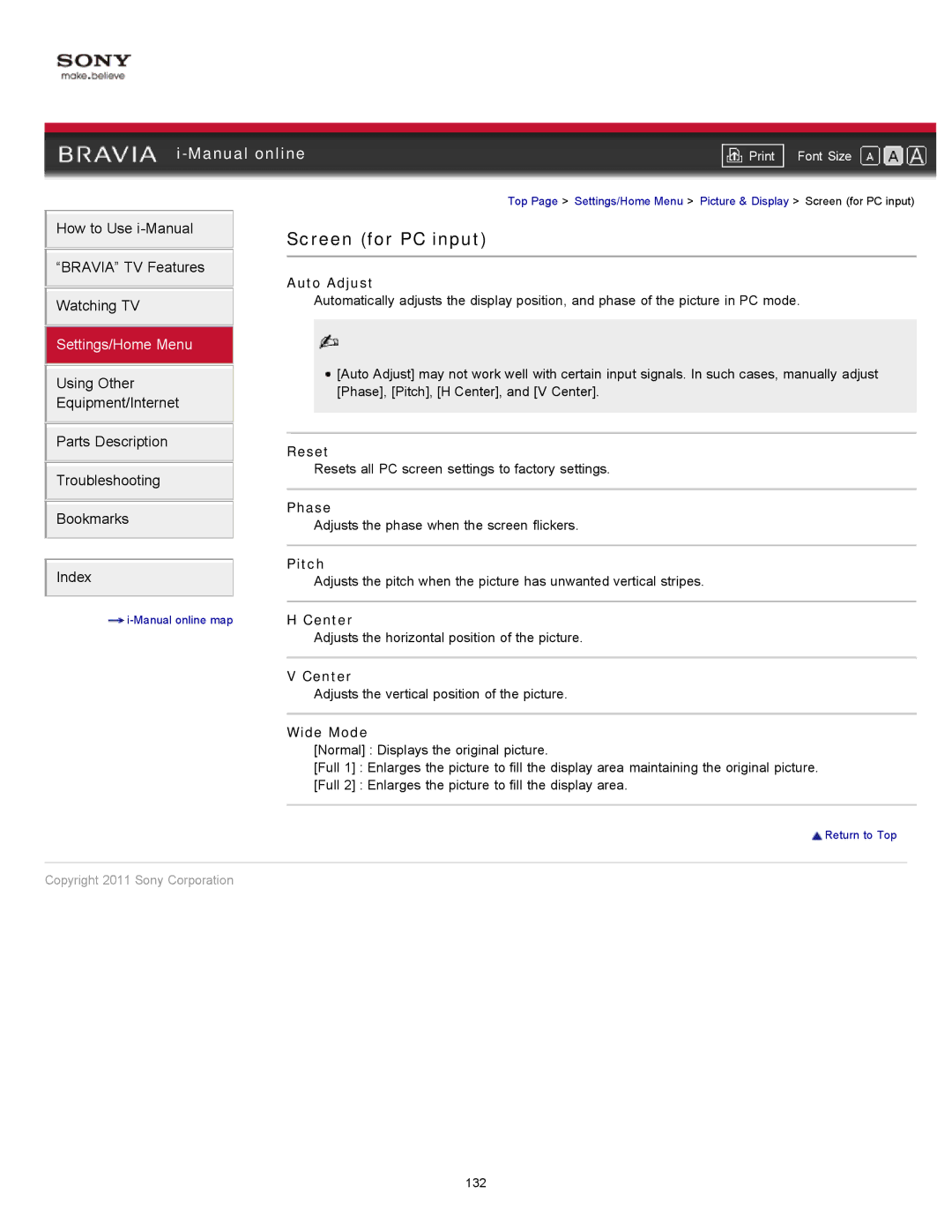 Sony XBR-55HX925 manual Screen for PC input, Auto Adjust, Phase, Pitch, Center 