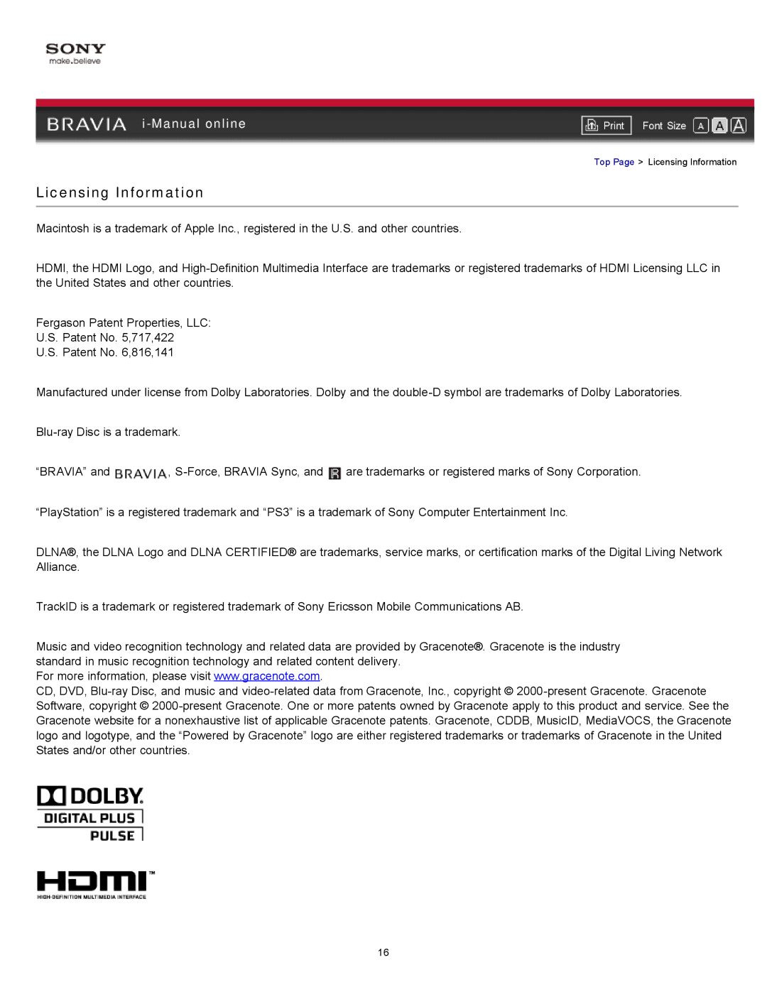 Sony XBR-55HX925 manual Licensing Information 