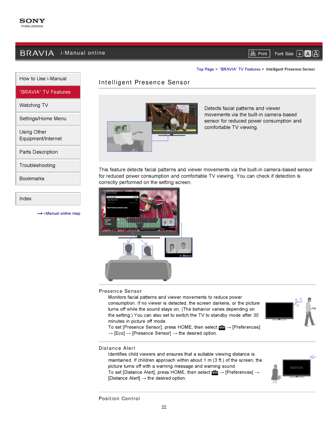 Sony XBR-55HX925 manual Intelligent Presence Sensor, Distance Alert, Position Control 