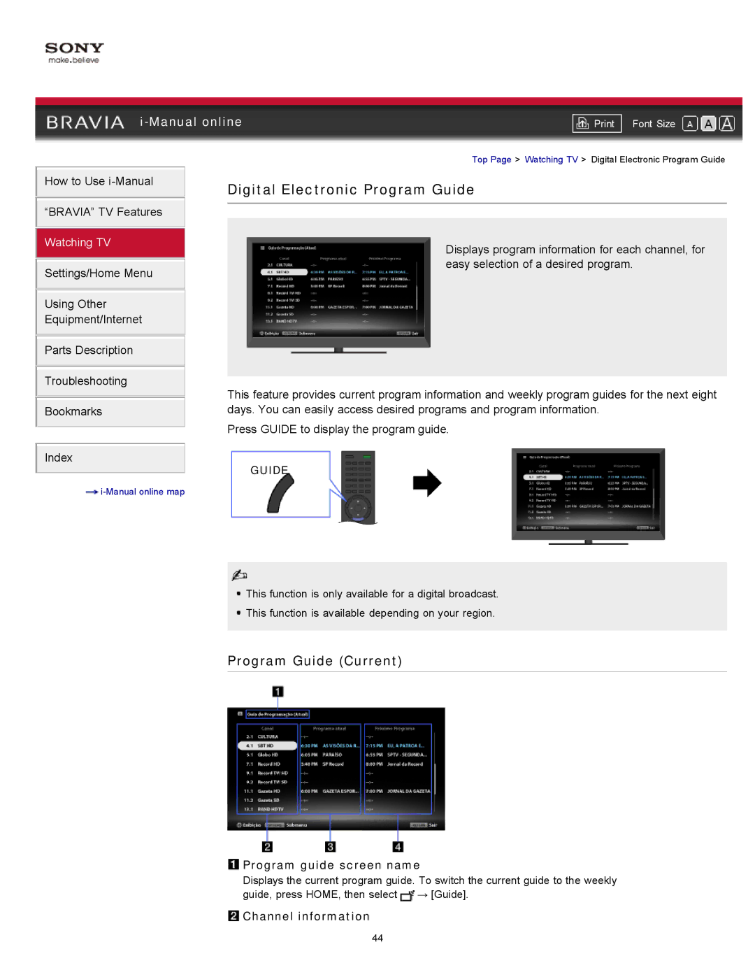 Sony XBR-55HX925 Digital Electronic Program Guide, Program Guide Current, Program guide screen name, Channel information 