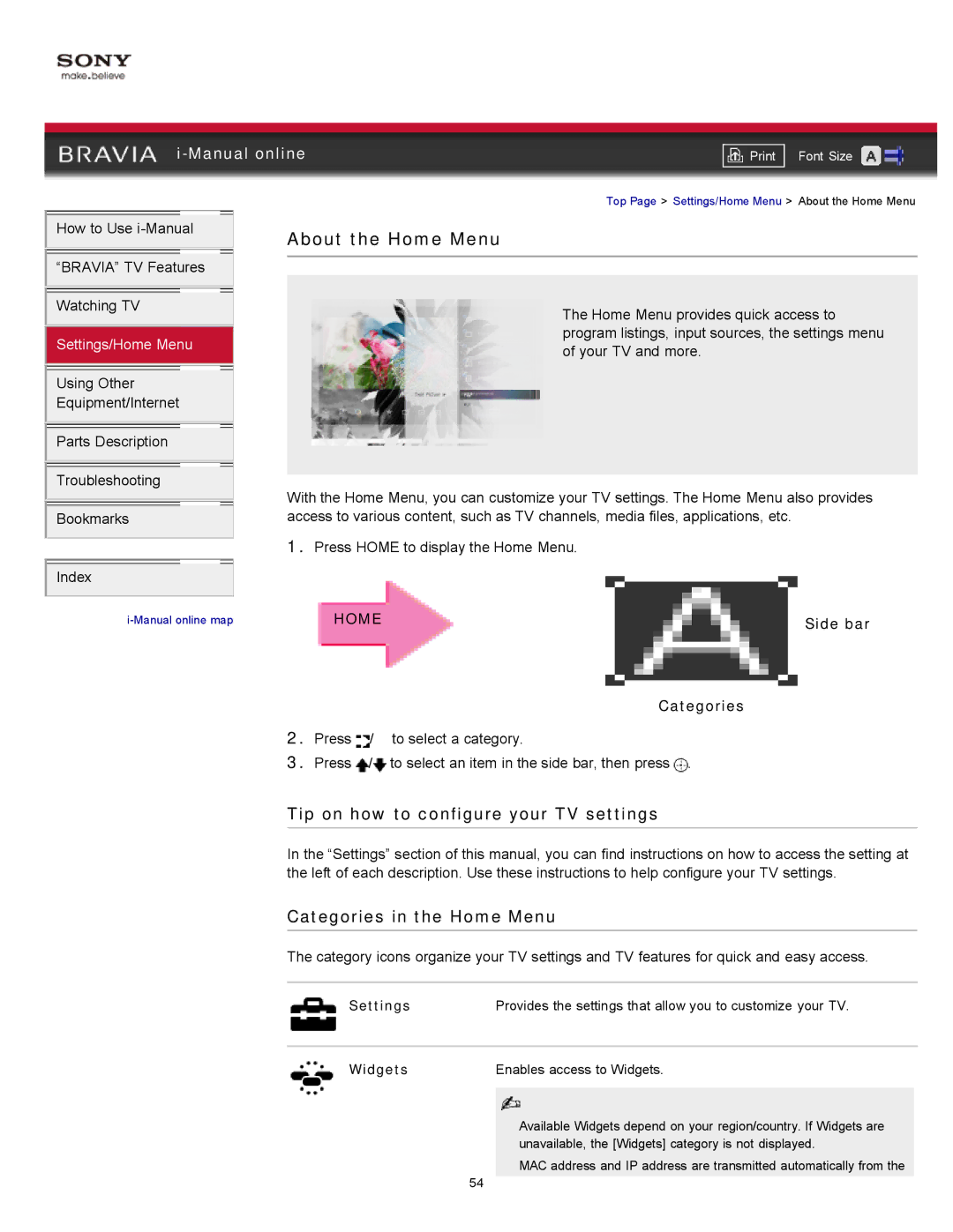 Sony XBR-55HX925 manual About the Home Menu, Tip on how to configure your TV settings, Categories in the Home Menu 