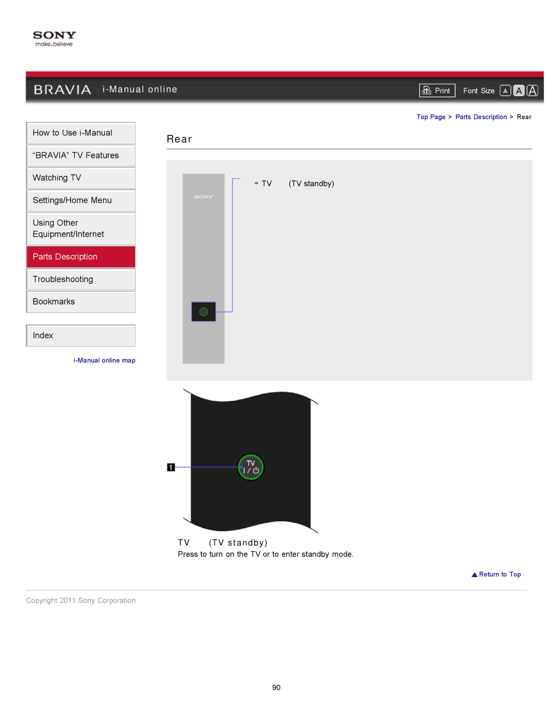 Sony XBR-55HX925 manual Rear, TV TV standby 