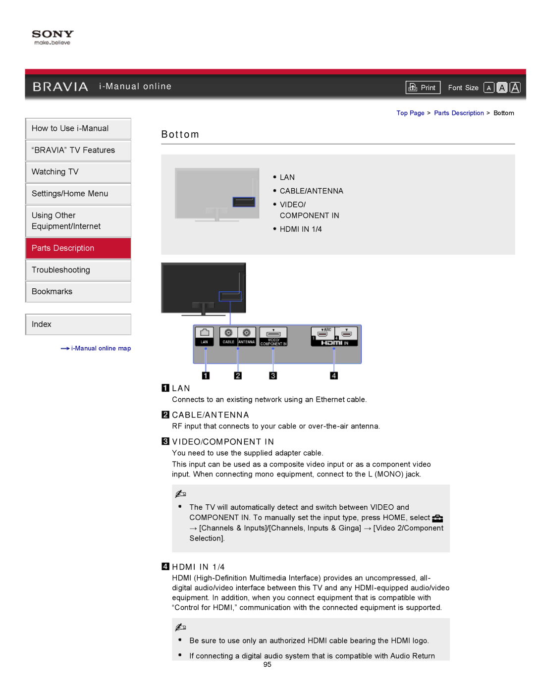 Sony XBR-55HX925 manual Lan, Cable/Antenna, Video/Component, Hdmi in 1/4 