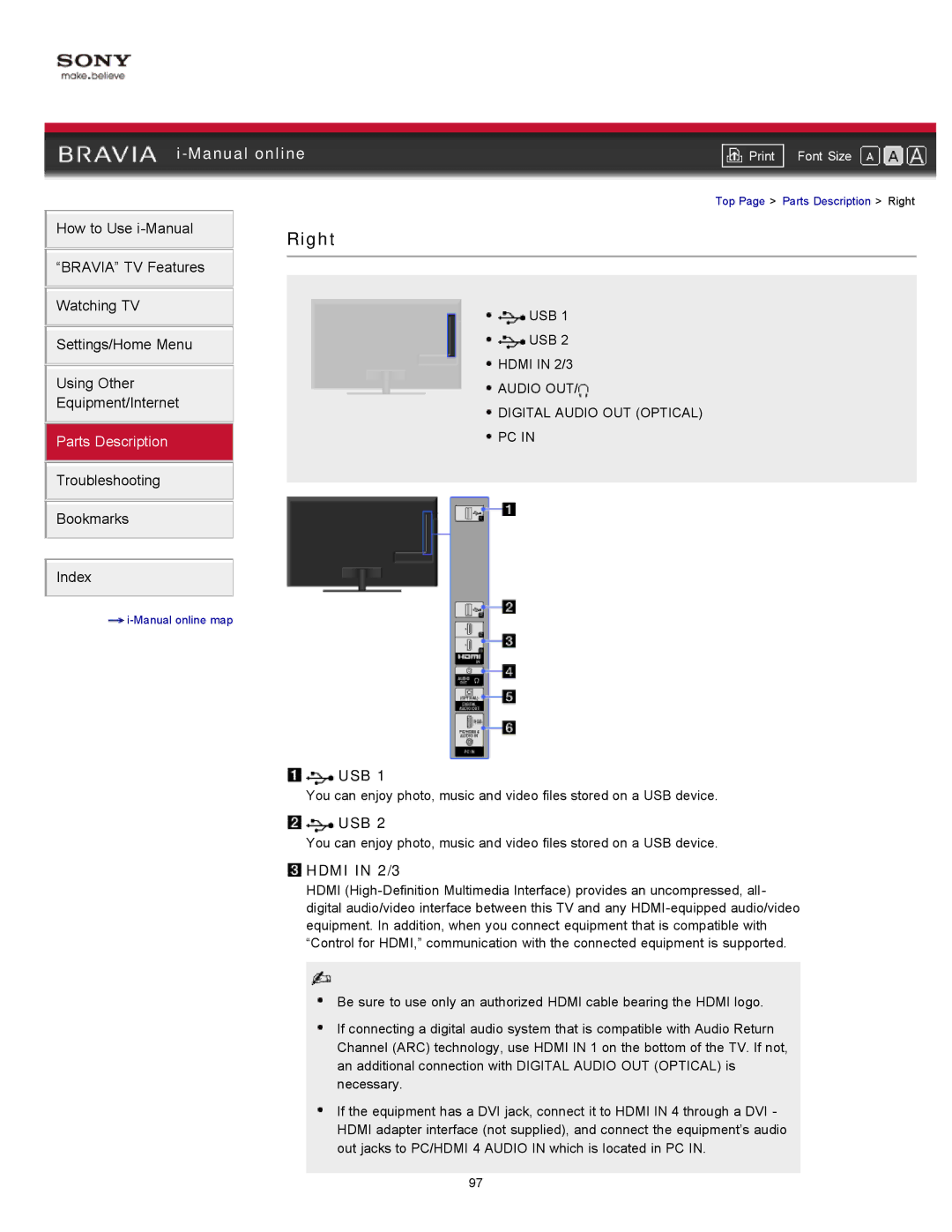 Sony XBR-55HX925 manual Usb, Hdmi in 2/3 