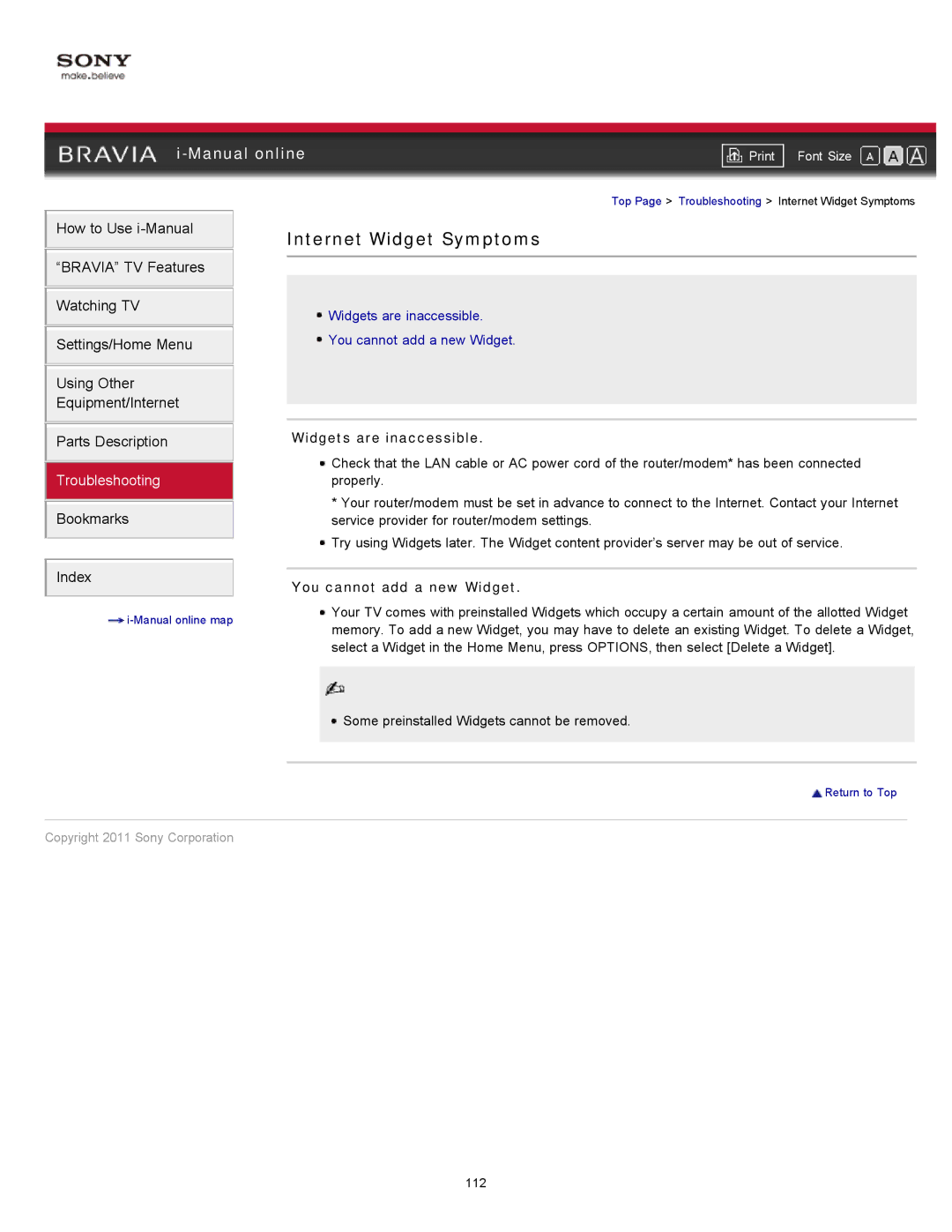 Sony XBR-55HX929, 46HX929 manual Internet Widget Symptoms, Widgets are inaccessible, You cannot add a new Widget 