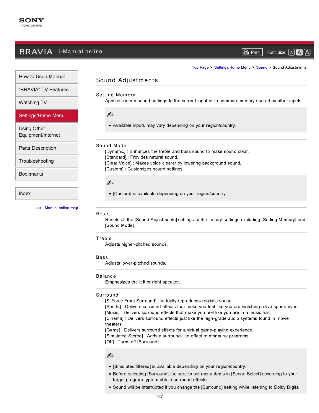 Sony 46HX929, XBR-55HX929 manual Sound Adjustments 