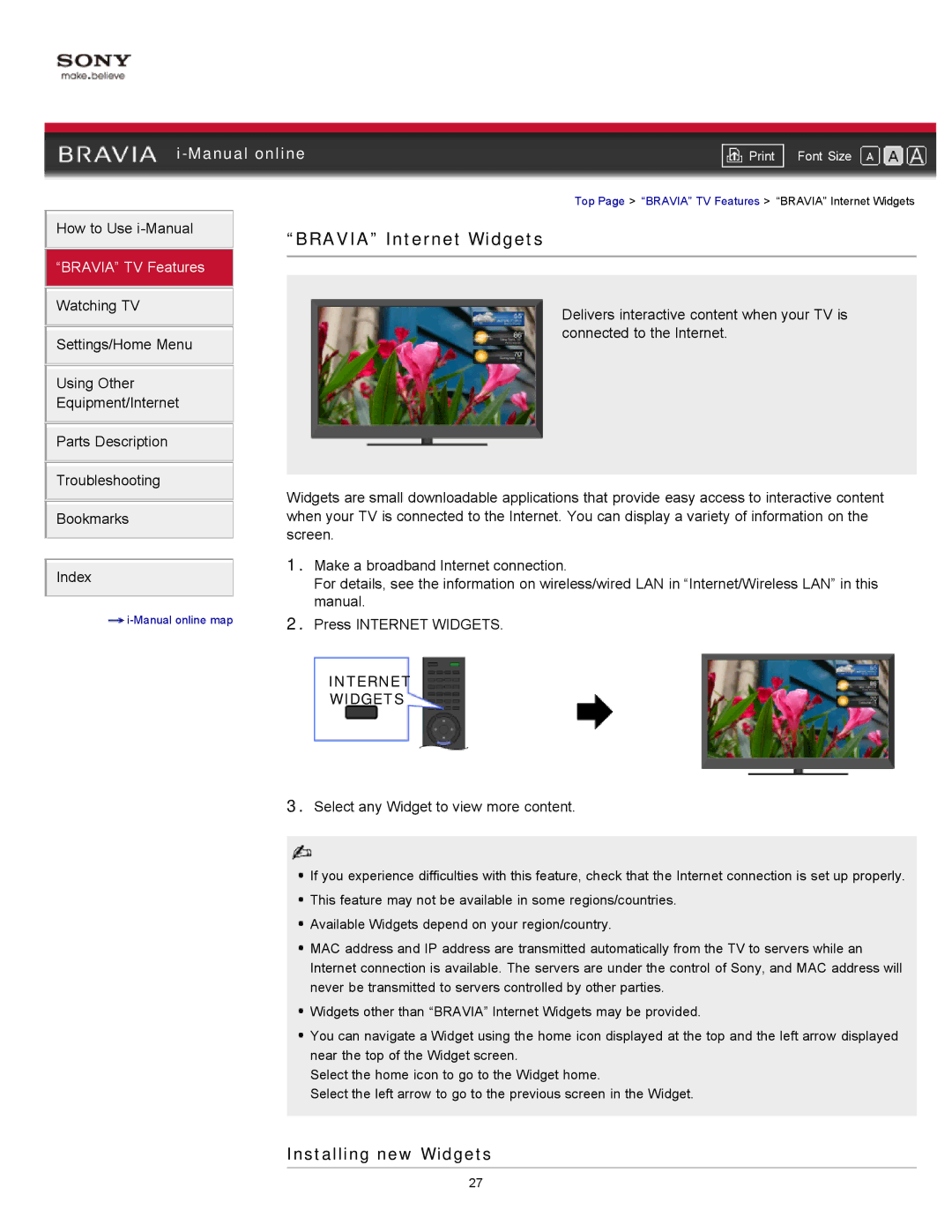Sony 46HX929, XBR-55HX929 manual Bravia Internet Widgets, Installing new Widgets 