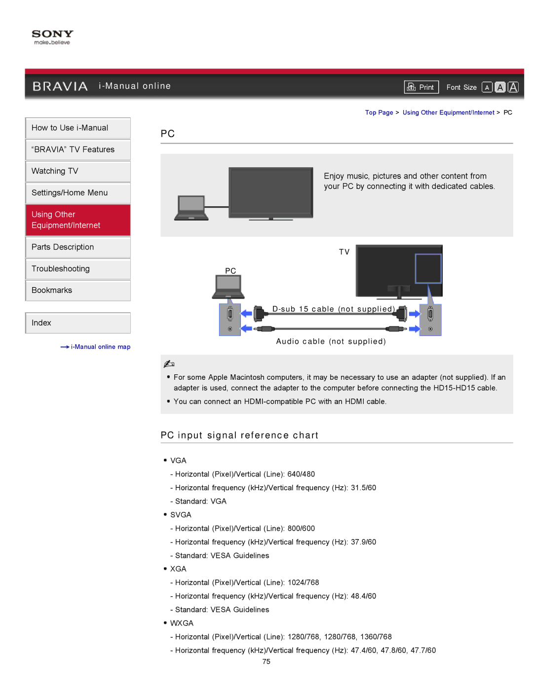 Sony 46HX929, XBR-55HX929 manual PC input signal reference chart, Sub 15 cable not supplied Audio cable not supplied 