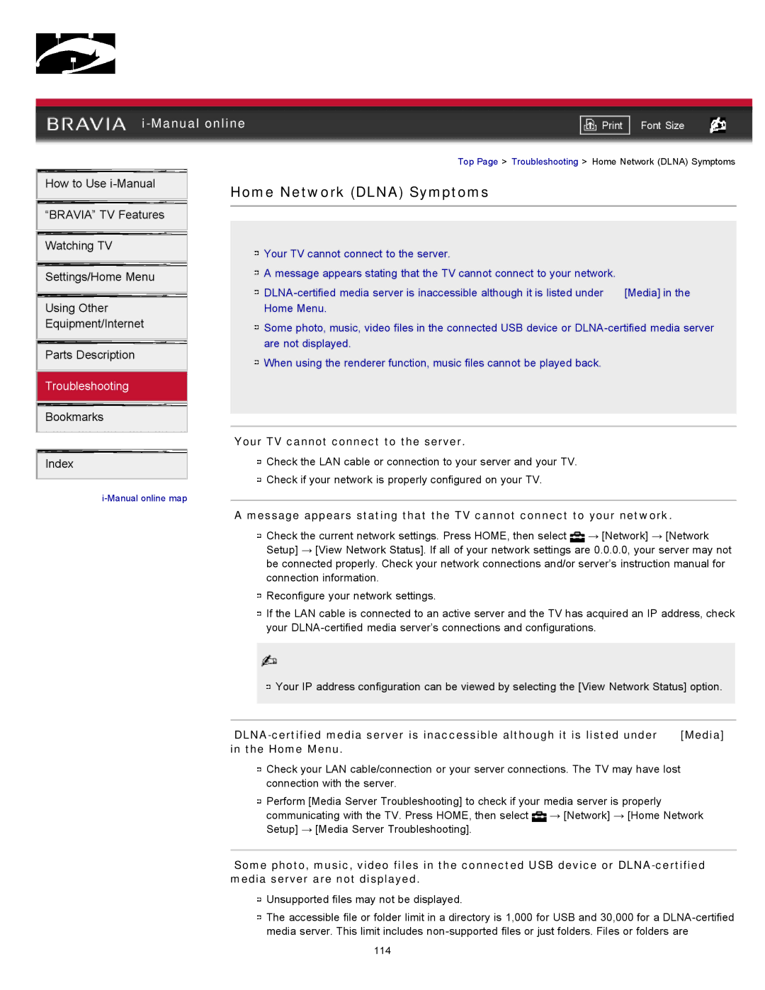 Sony XBR-65HX925 manual Home Network Dlna Symptoms, Your TV cannot connect to the server 