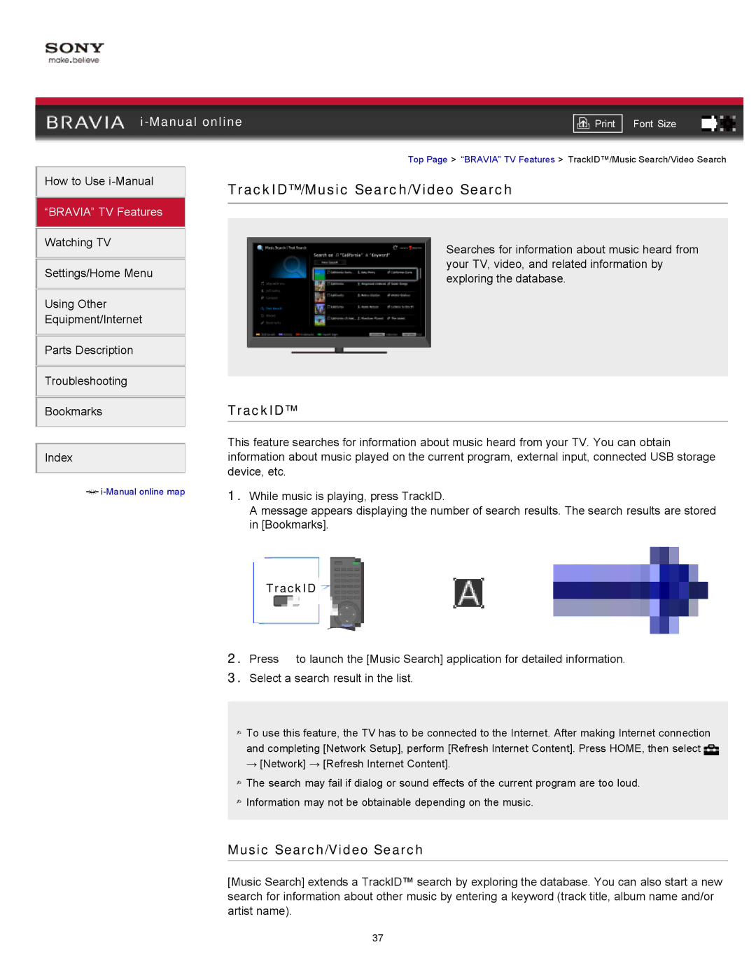 Sony XBR-65HX925 manual TrackID/Music Search/Video Search 