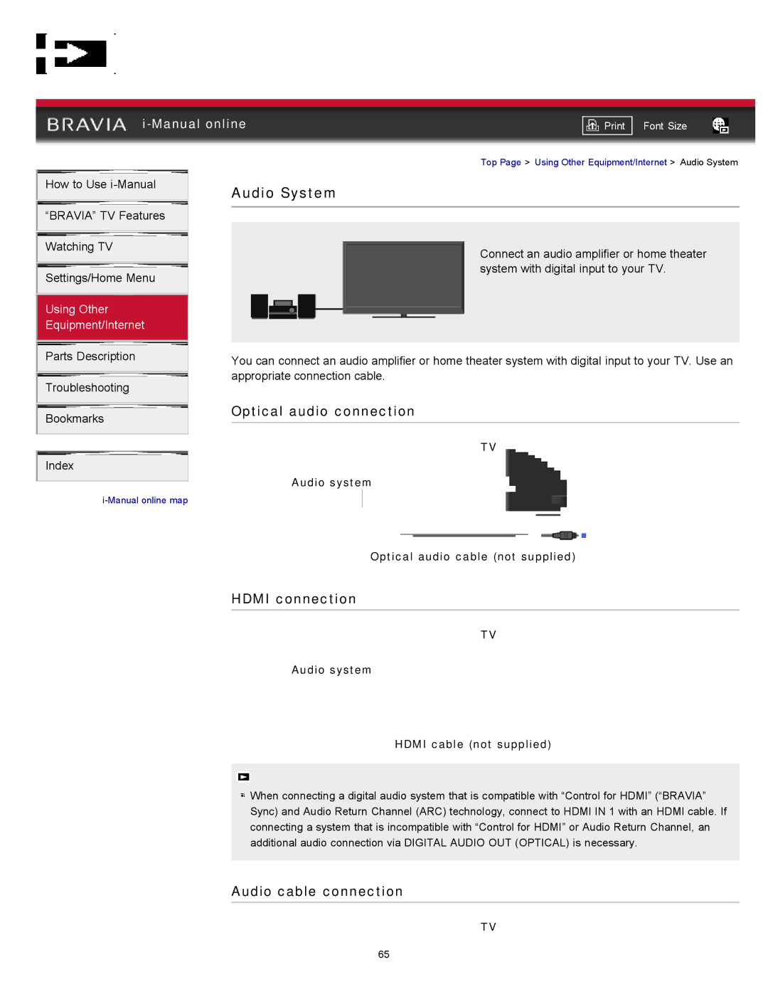 Sony XBR-65HX925 Audio System, Optical audio connection, Audio cable connection, Audio system Hdmi cable not supplied 