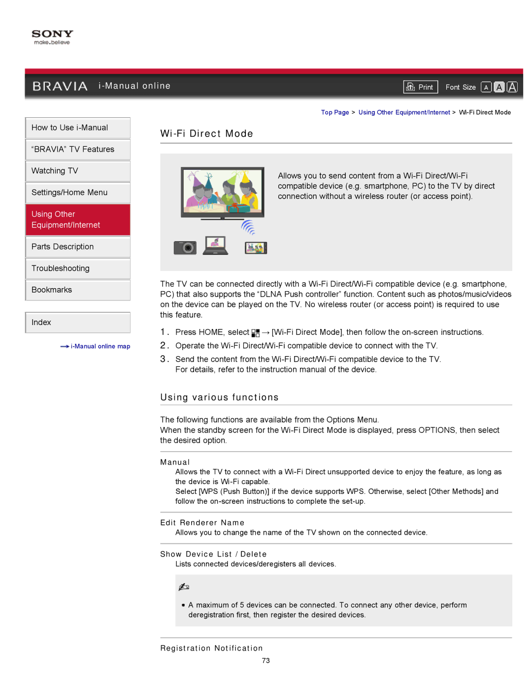 Sony XBR-65HX925 manual Wi-Fi Direct Mode, Using various functions 