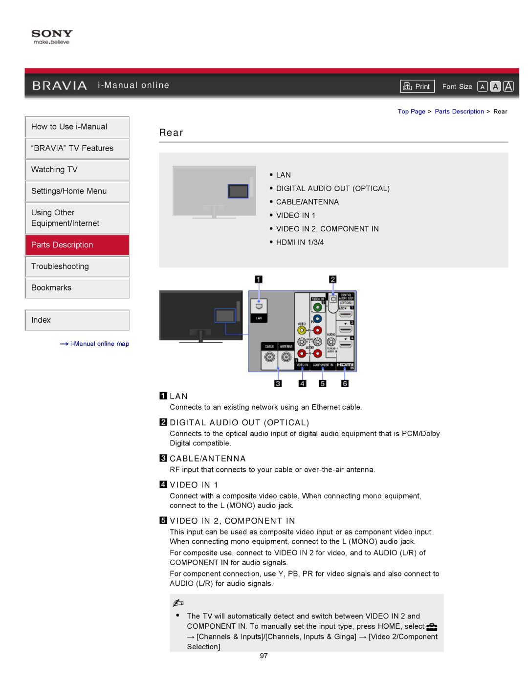 Sony XBR-65HX925 manual Lan, Digital Audio OUT Optical, Cable/Antenna, Video in 2, Component 