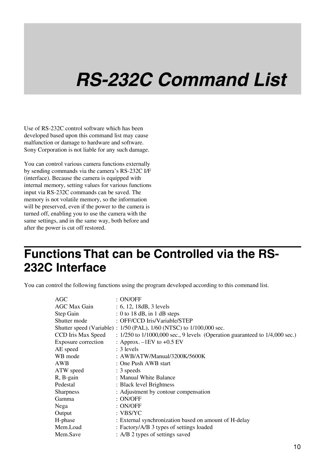 Sony XC-555P technical manual RS-232C Command List, Functions That can be Controlled via the RS- 232C Interface 