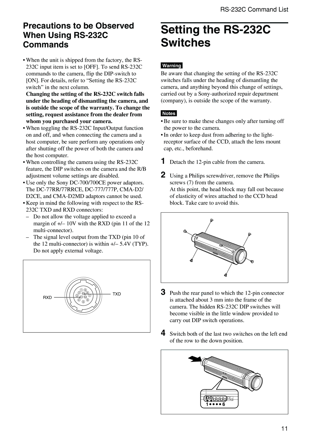 Sony XC-555P technical manual Setting the RS-232C Switches, Precautions to be Observed When Using RS-232C Commands 