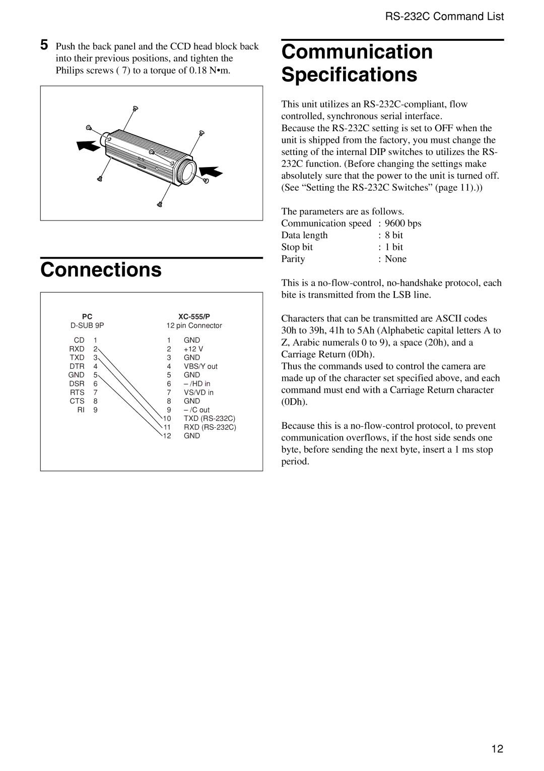 Sony XC-555P technical manual Connections, Communication Specifications 