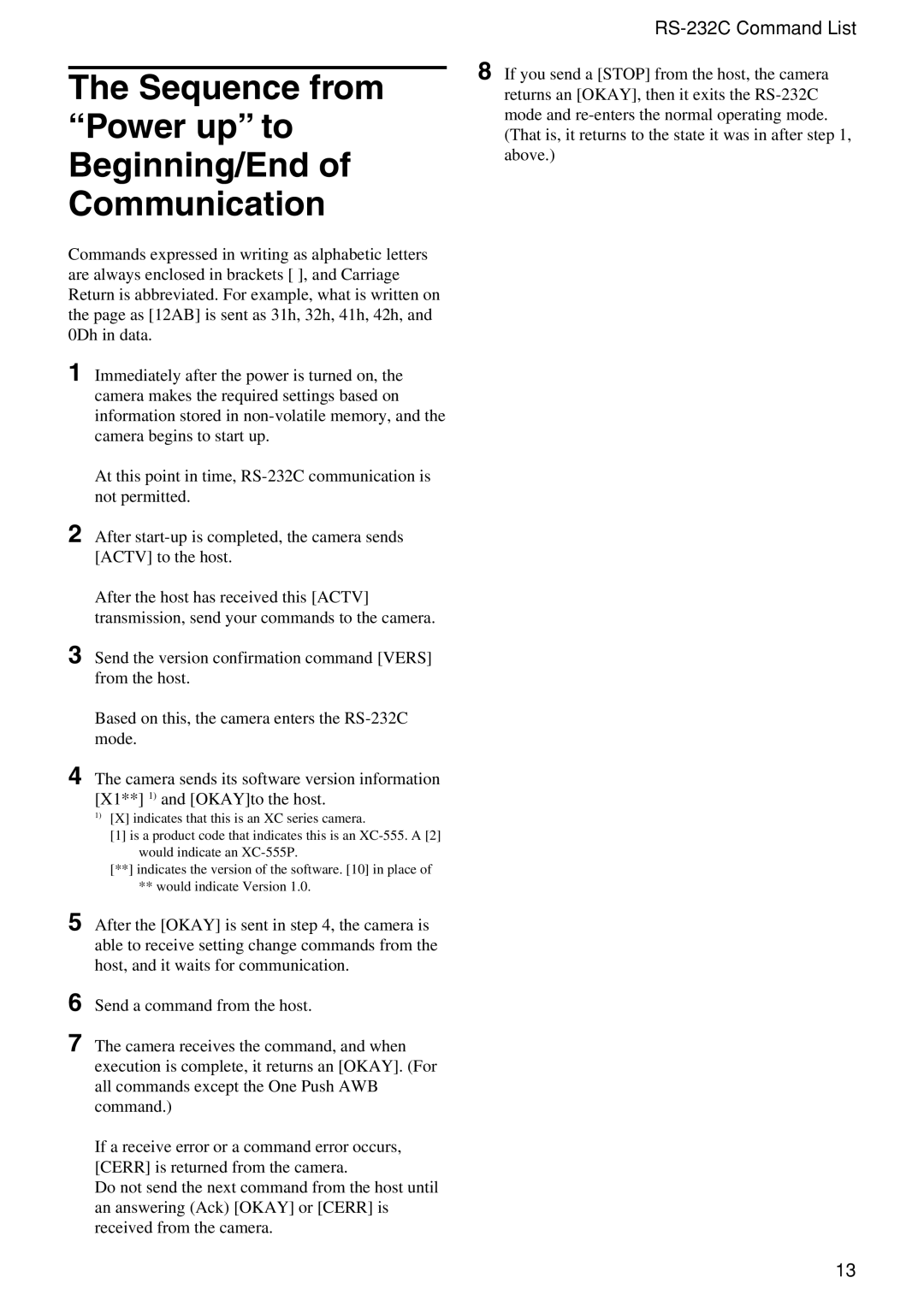 Sony XC-555P technical manual Sequence from Power up to Beginning/End of Communication 