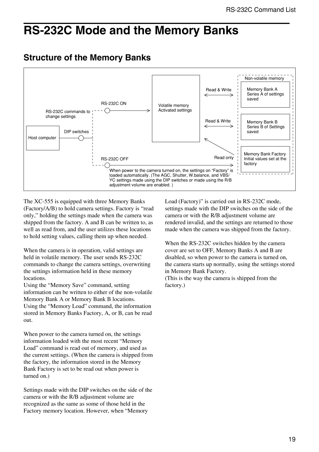 Sony XC-555P technical manual RS-232C Mode and the Memory Banks, Structure of the Memory Banks 